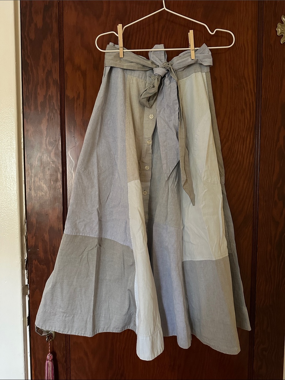 Patchwork Light Blue & Cream A-Line Midi Skirt with Tie Waist